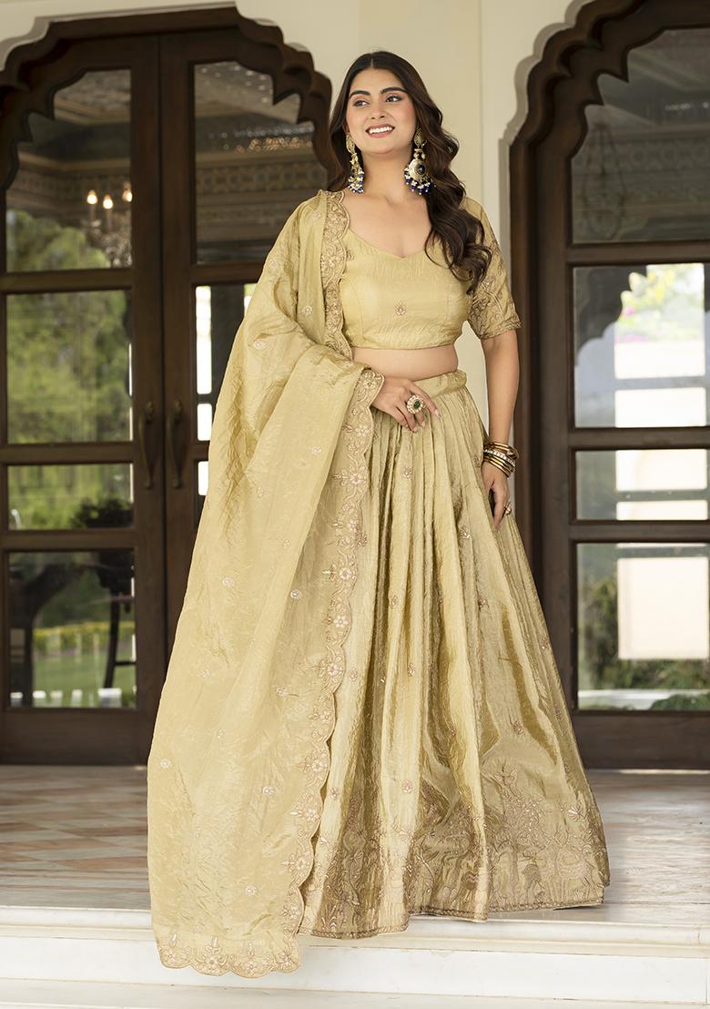 Cream Embroidered Silk Blend Lehenga Set - Indya