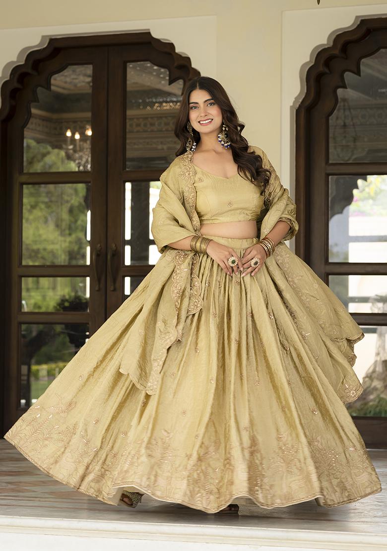 Cream Embroidered Silk Blend Lehenga Set - Indya