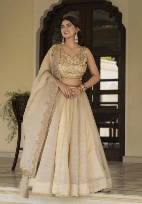Cream Embroidered Silk Blend Lehenga Set