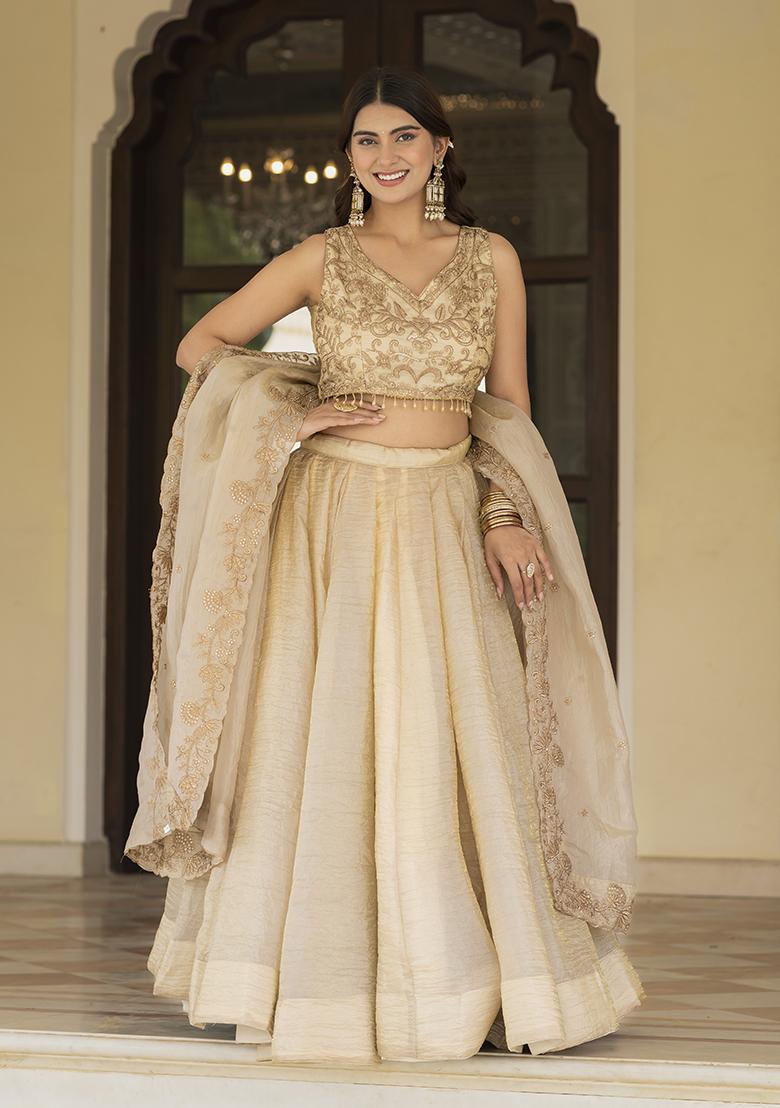 Cream Embroidered Silk Blend Lehenga Set - Indya