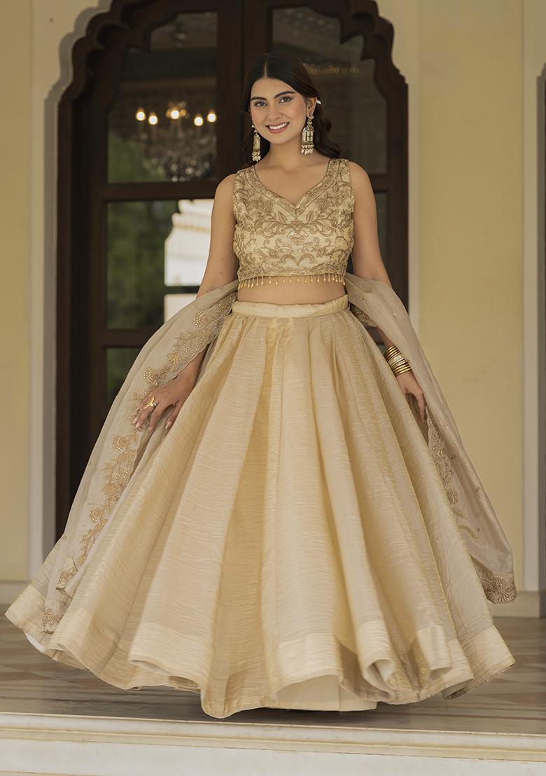 Cream Embroidered Silk Blend Lehenga Set - Indya