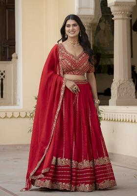 Red Embroidered Silk Blend Lehenga Set