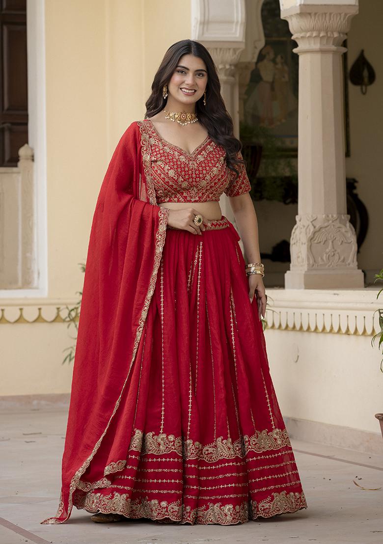 Red Embroidered Silk Blend Lehenga Set - Indya