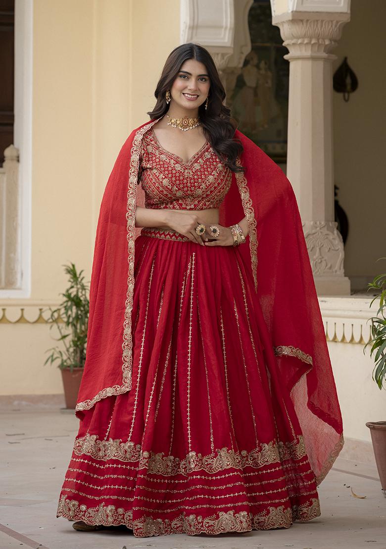Red Embroidered Silk Blend Lehenga Set - Indya