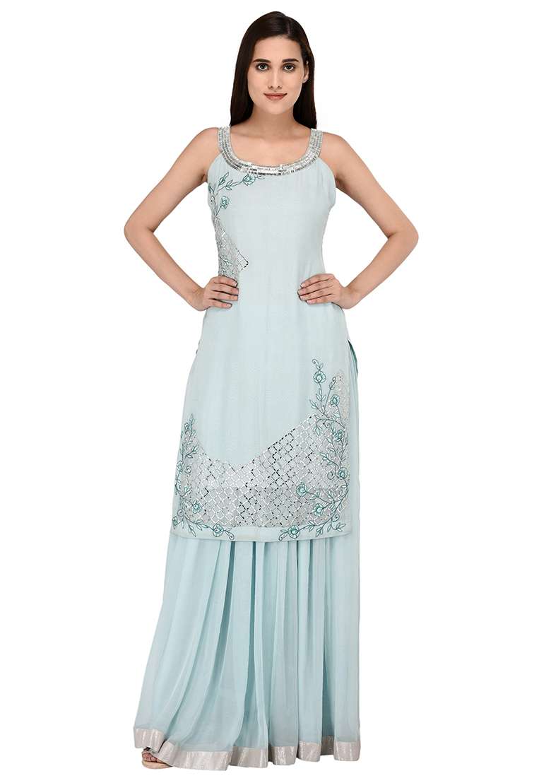 Light Blue Sequin Work Georgette Lehenga Set - Indya