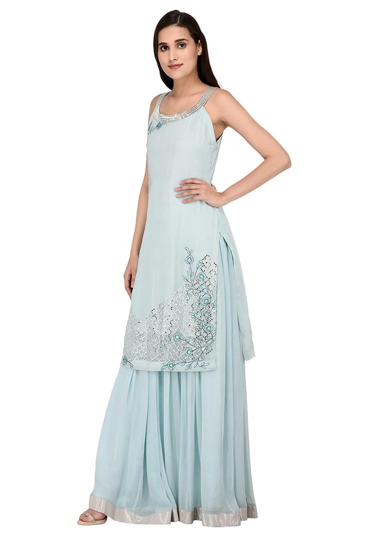 Light Blue Sequin Work Georgette Lehenga Set - Indya