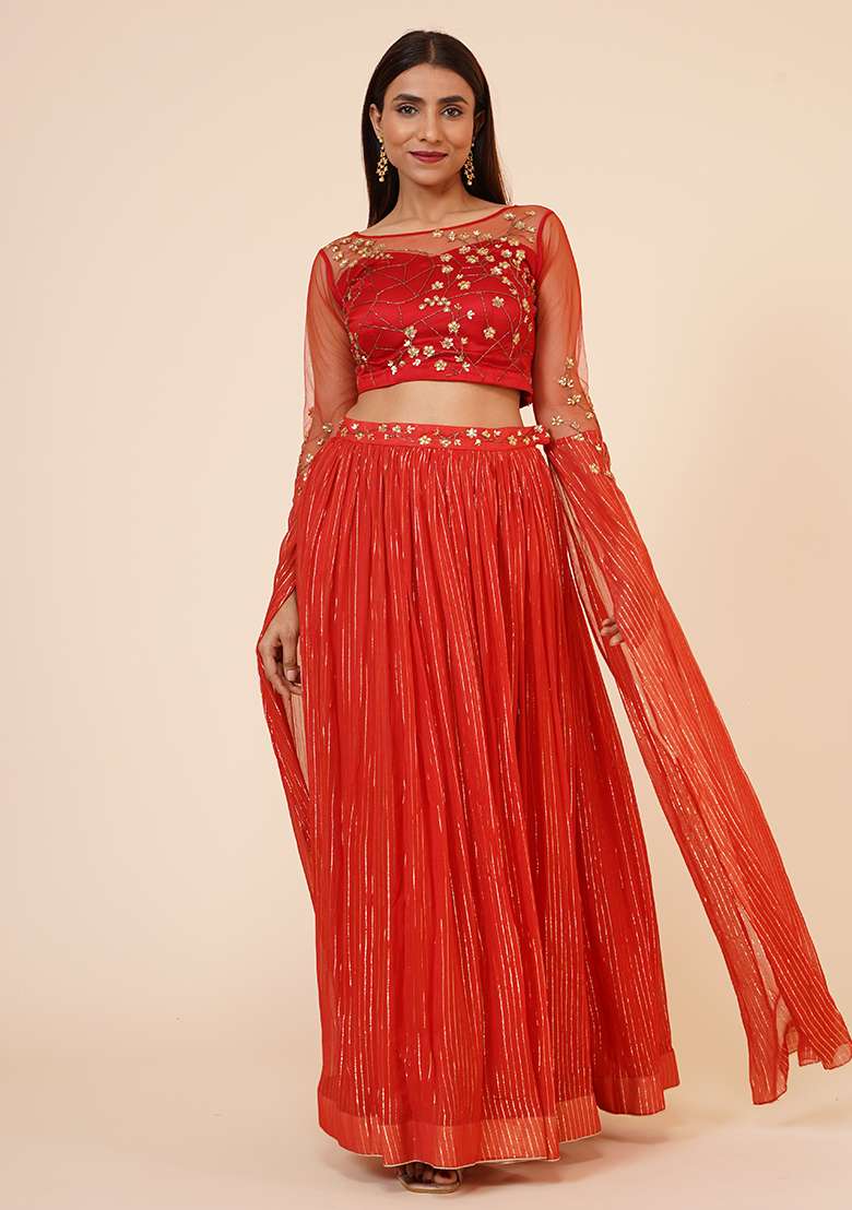 Red Sequin Work Georgette Lehenga Set for Diwali and Festive Wear - Indya