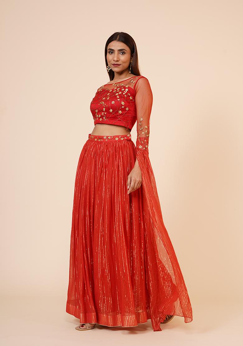 Red Sequin Work Georgette Lehenga Set - Indya