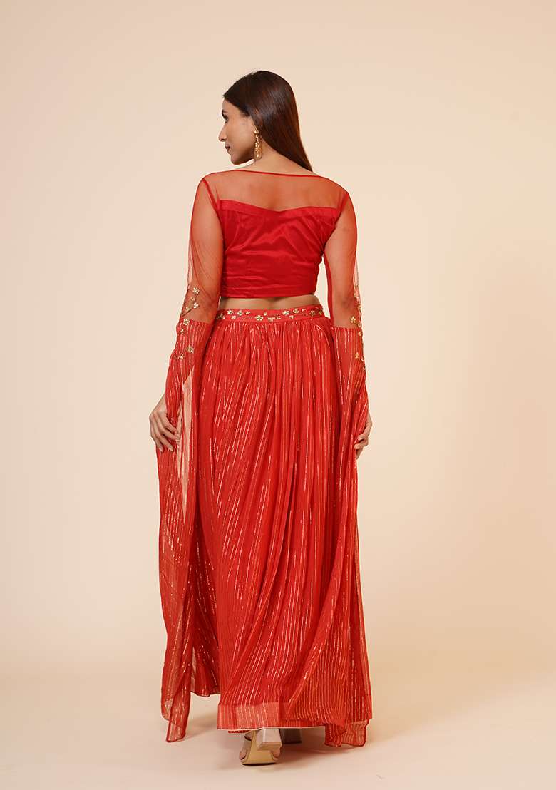 Red Sequin Work Georgette Lehenga Set for Diwali and Festive Wear - Indya