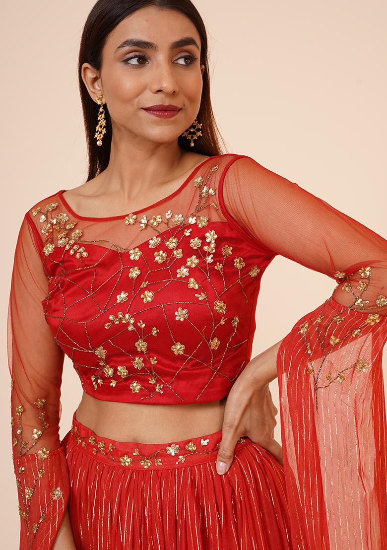 Red Sequin Work Georgette Lehenga Set - Indya