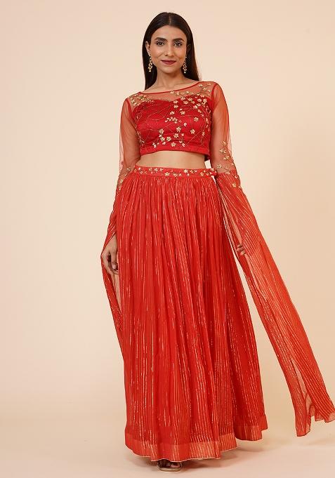 Red Sequin Work Georgette Lehenga Set