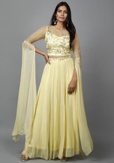 Lemon Sequin Work Georgette Lehenga Set