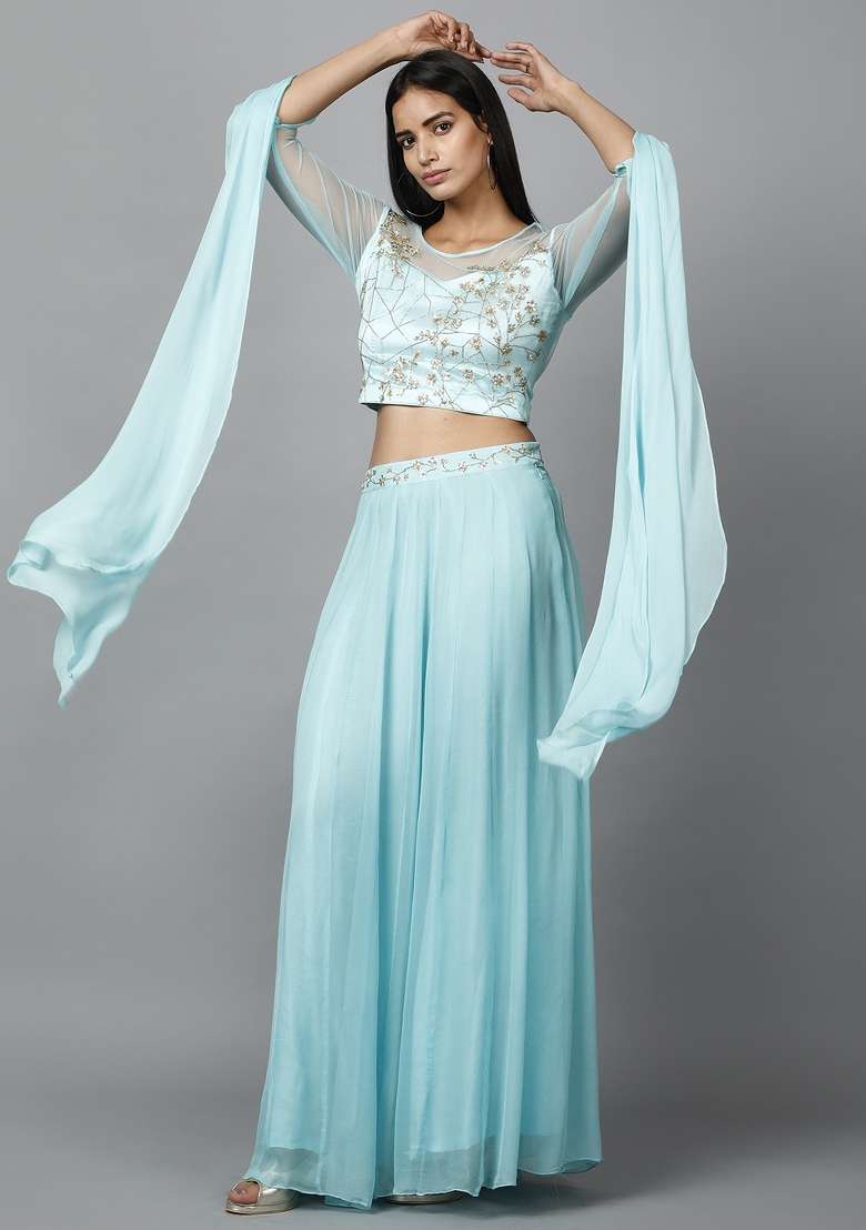 Light Blue Sequin Work Georgette Lehenga Set - Indya