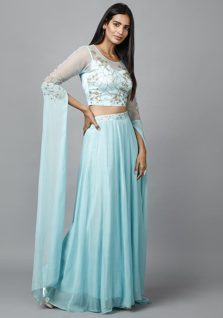 Light Blue Sequin Work Georgette Lehenga Set - Indya
