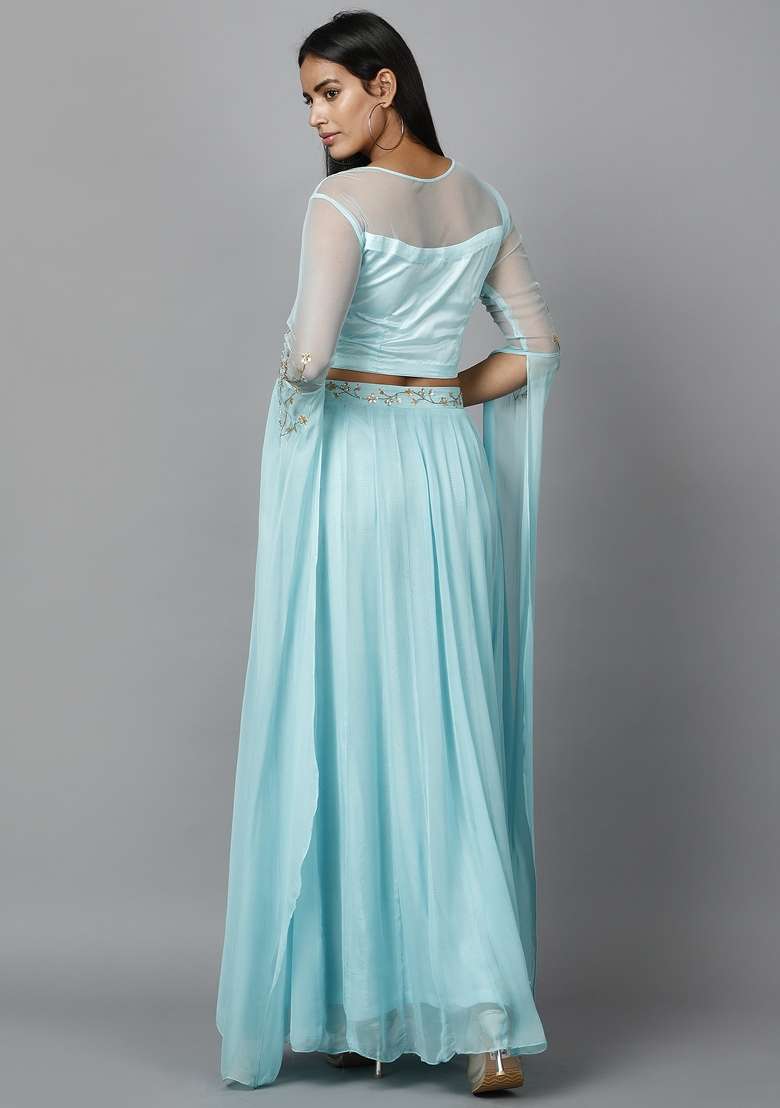 Light Blue Sequin Work Georgette Lehenga Set - Indya