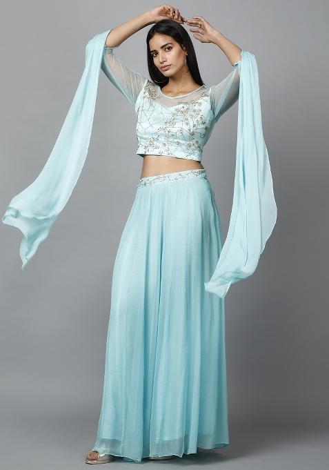 Light Blue Sequin Work Georgette Lehenga Set