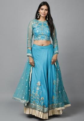Turquioise Blue Gota Patti Silk Blend Lehenga Set