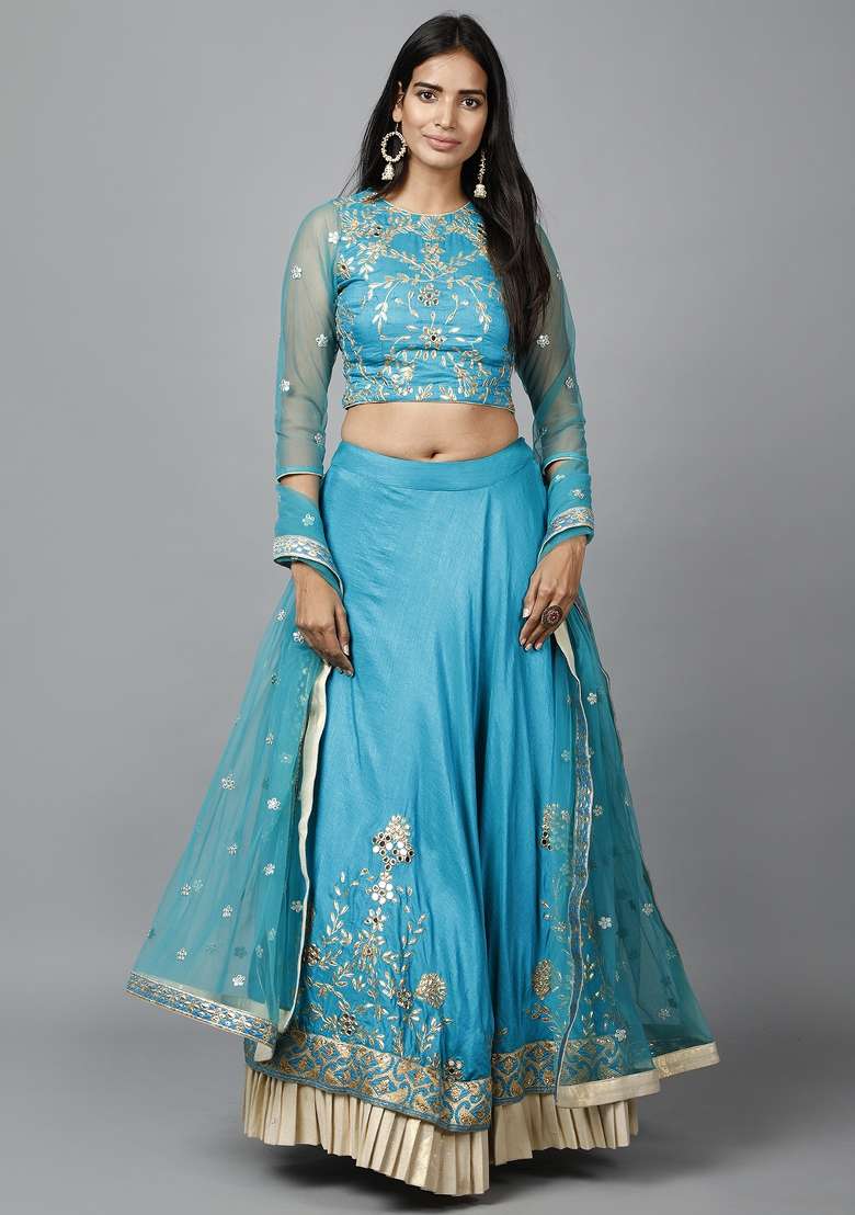 Turquioise Blue Gota Patti Silk Blend Lehenga Set - Indya