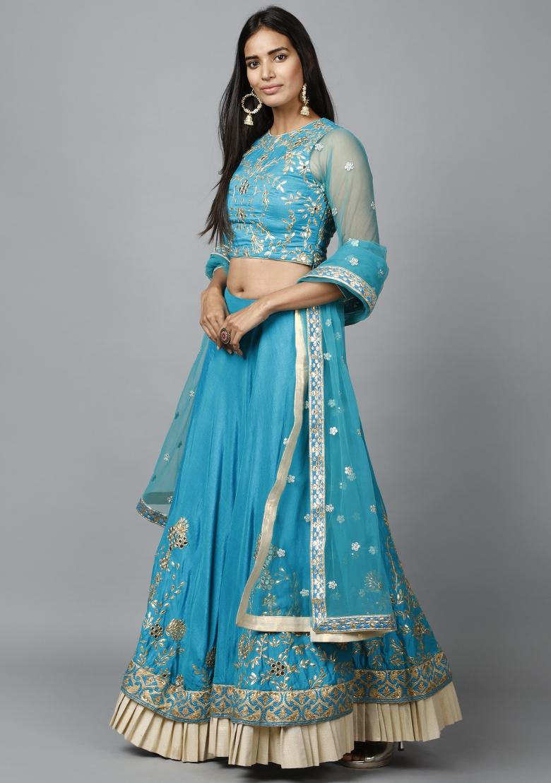 Turquioise Blue Gota Patti Silk Blend Lehenga Set - Indya