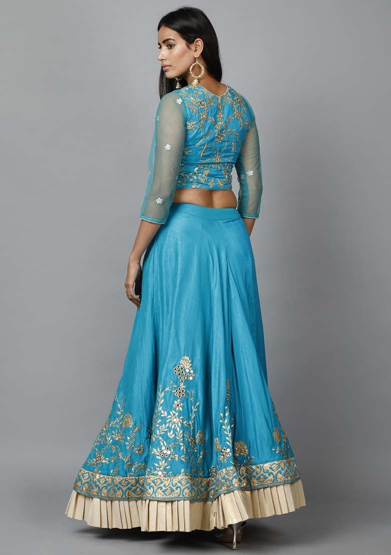 Turquioise Blue Gota Patti Silk Blend Lehenga Set - Indya