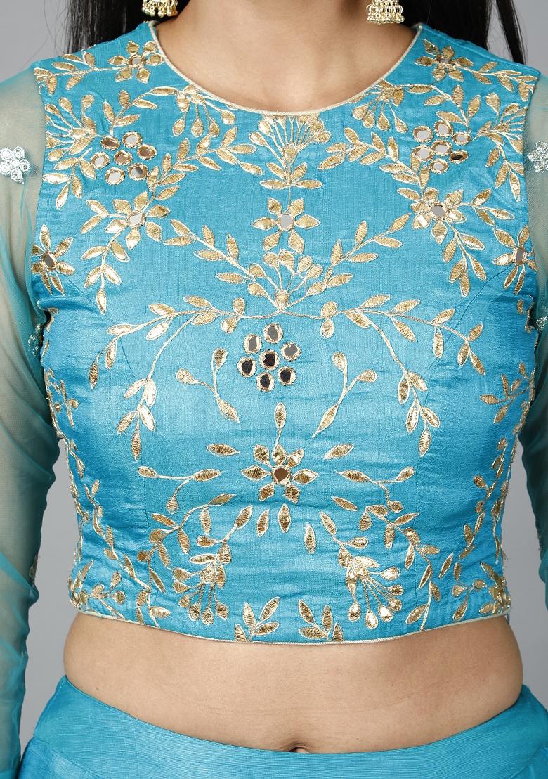 Turquioise Blue Gota Patti Silk Blend Lehenga Set - Indya