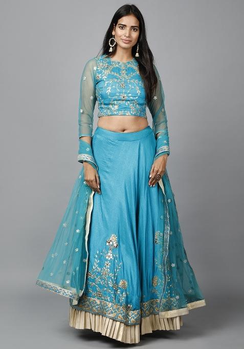 Turquioise Blue Gota Patti Silk Lehenga Set