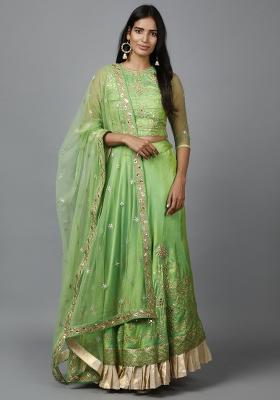 Parrot Green Gota Patti Silk Blend Lehenga Set