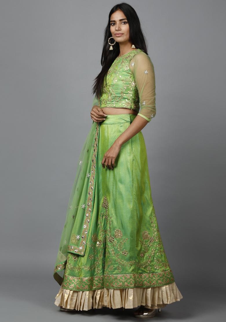 Parrot Green Gota Patti Silk Blend Lehenga Set - Indya