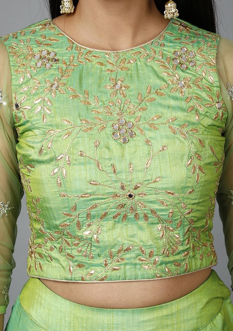 Parrot Green Gota Patti Silk Blend Lehenga Set - Indya
