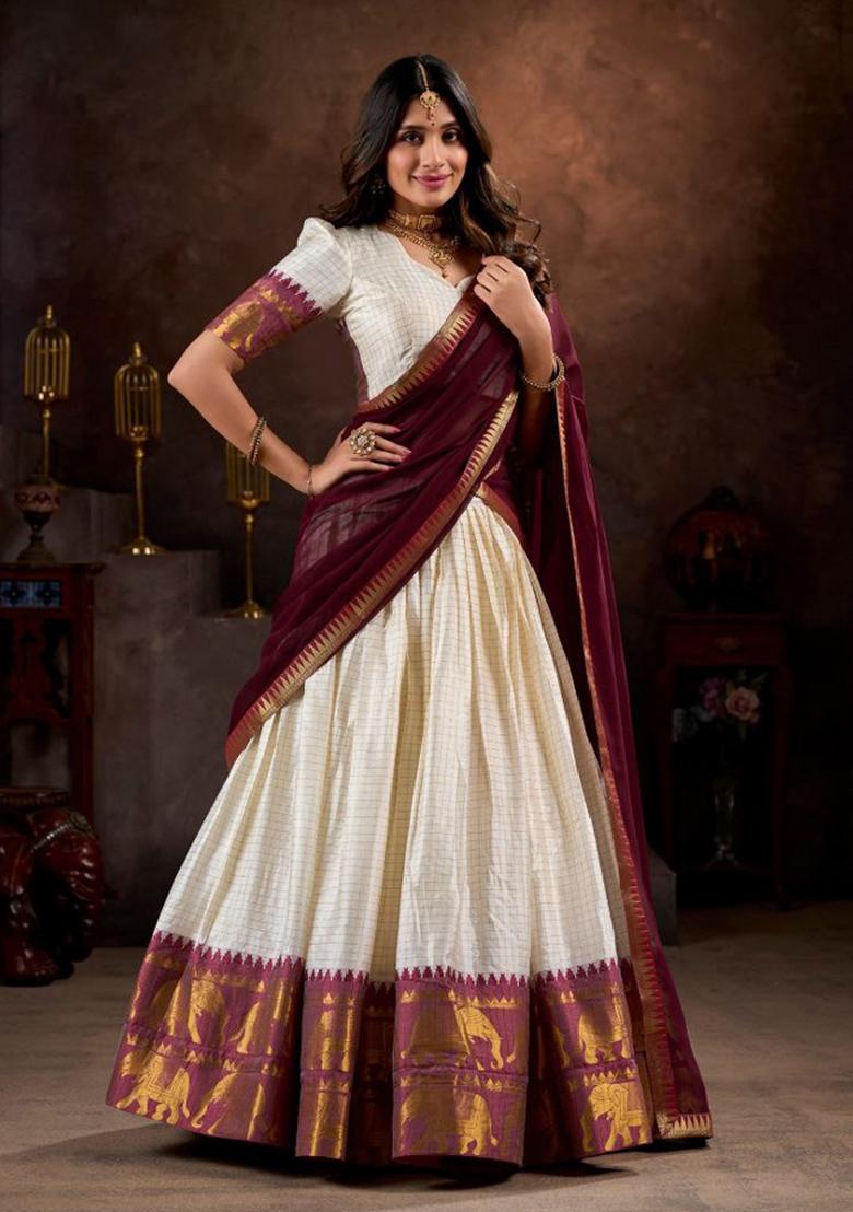 White Sequin Work Cotton Lehenga Set - Indya