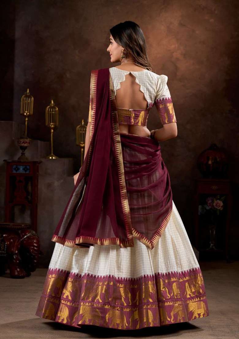 White Sequin Work Cotton Lehenga Set for Diwali and Festive Wear - Indya