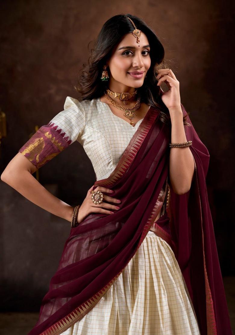 White Sequin Work Cotton Lehenga Set - Indya