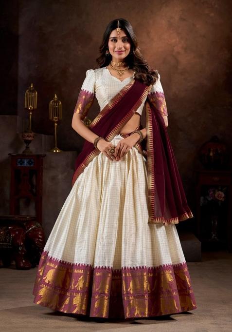White Sequin Work Cotton Lehenga Set