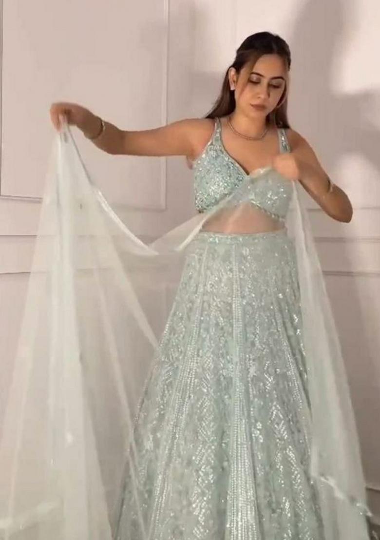 Green Sequin Work Net Lehenga Set - Indya