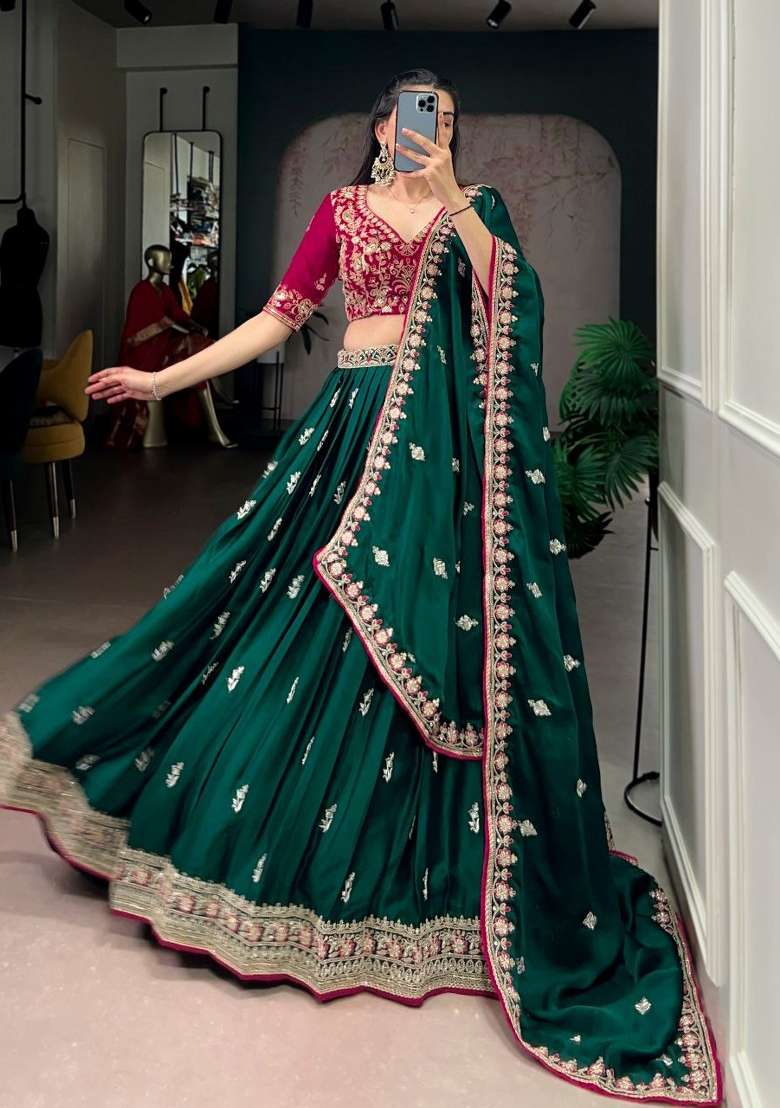 Dark Green Work Silk Blend Lehenga Set with Sequin for Diwali | Wedding & Festive Wear - Indya