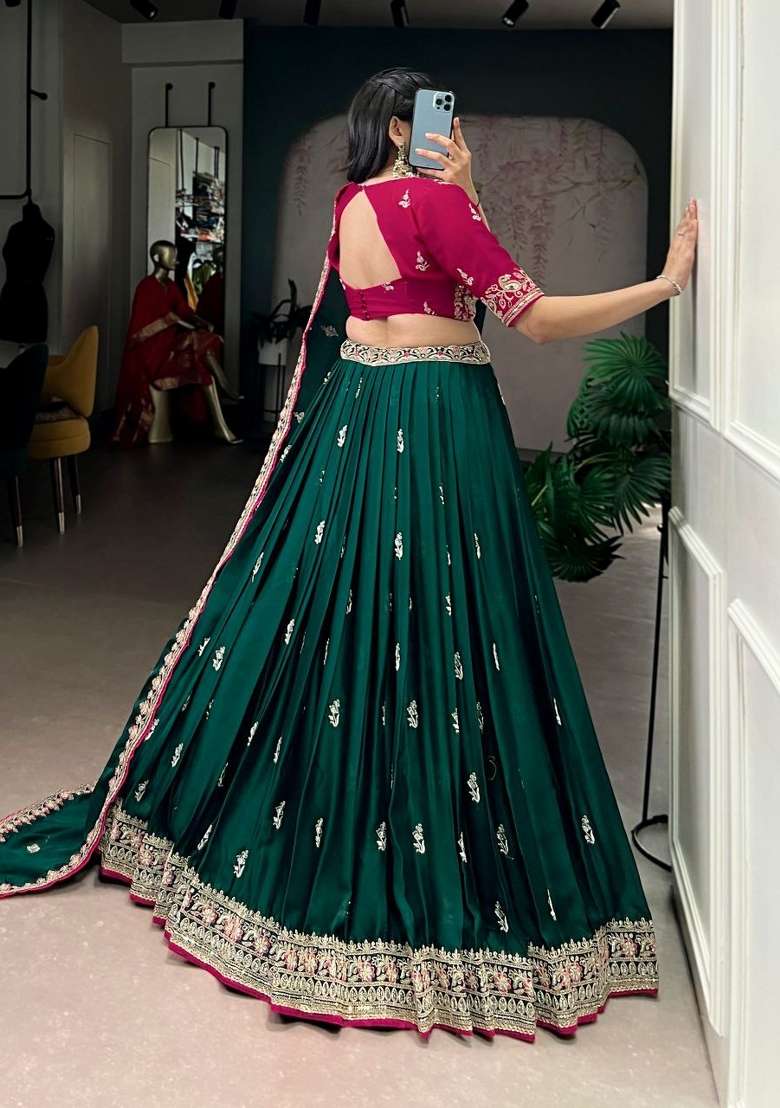 Dark Green Work Silk Blend Lehenga Set with Sequin for Diwali | Wedding & Festive Wear - Indya