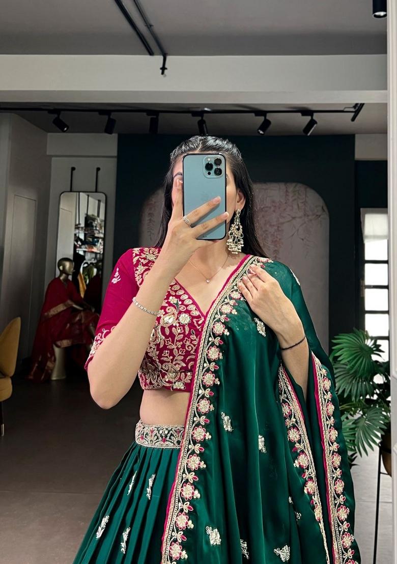 Dark Green Sequin Work Silk Blend Lehenga Set - Indya