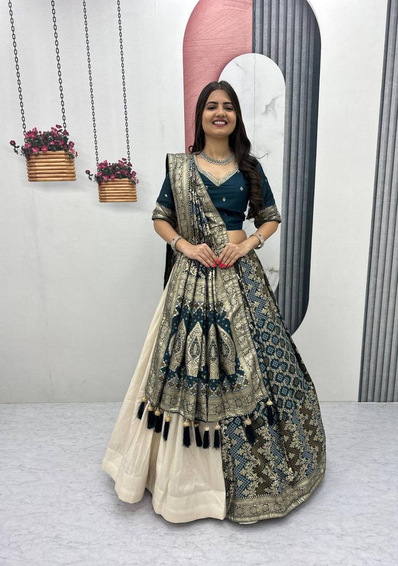 Blue Sequin Work Silk Blend Lehenga Set - Indya
