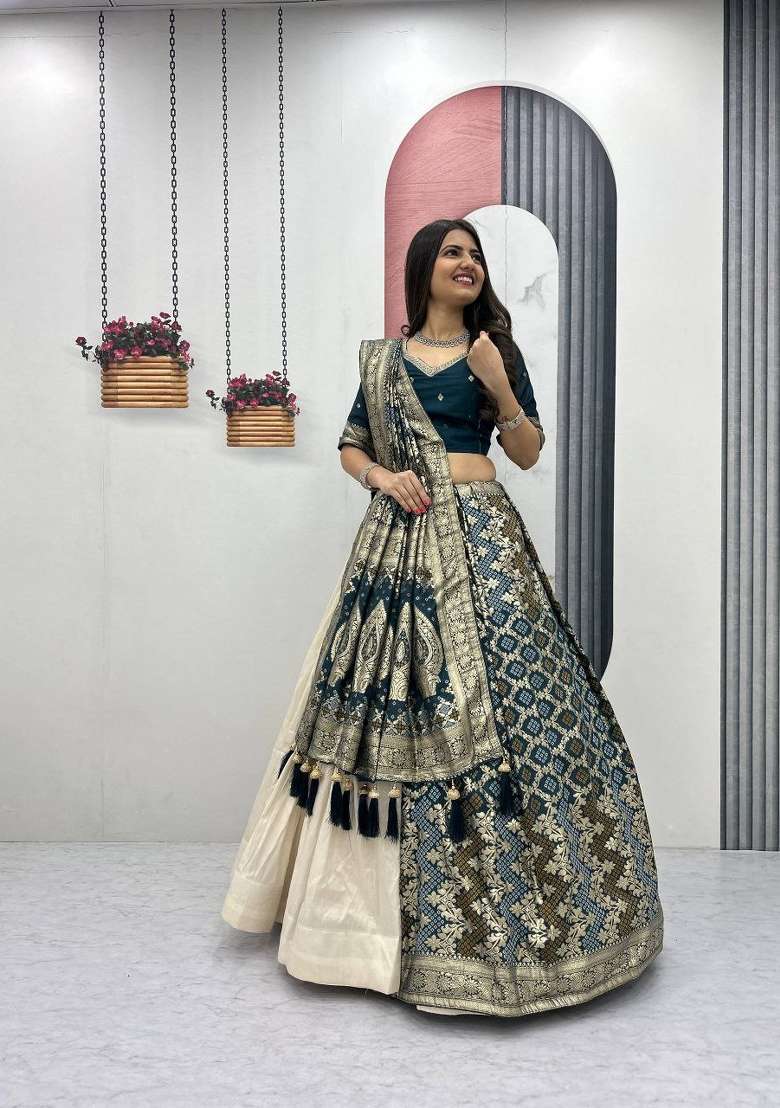 Blue Work Silk Blend Lehenga Set with Sequin for Diwali | Wedding & Festive Wear - Indya