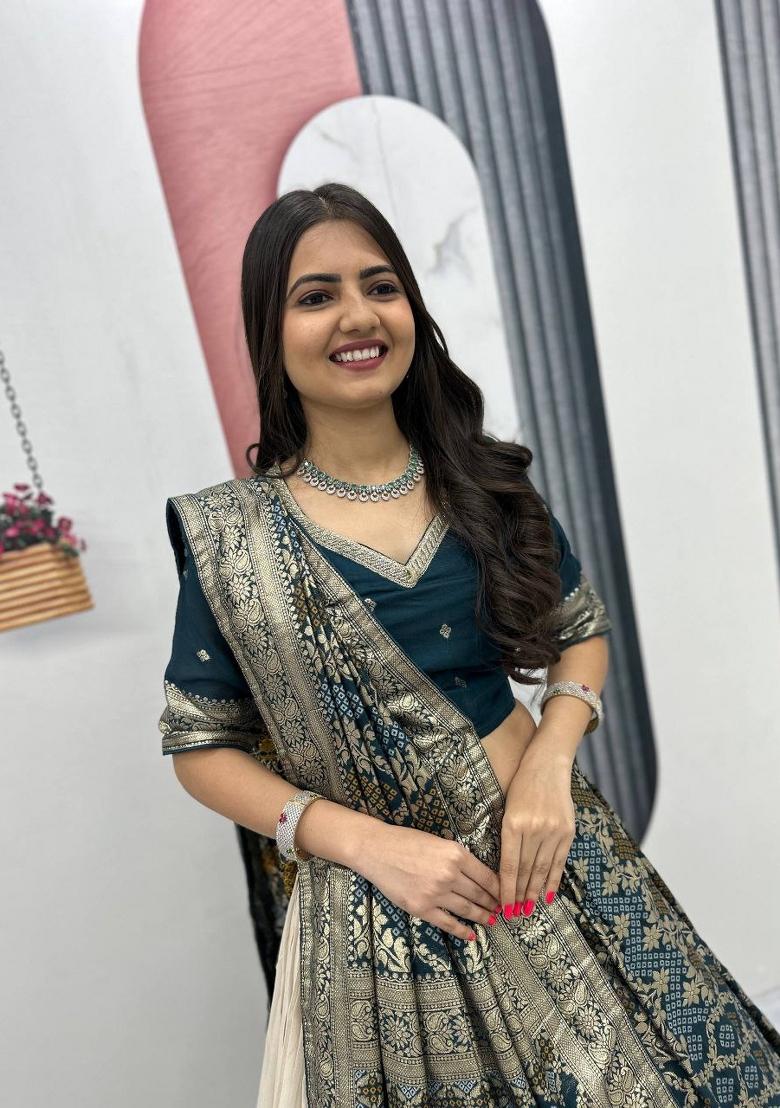Blue Sequin Work Silk Blend Lehenga Set - Indya