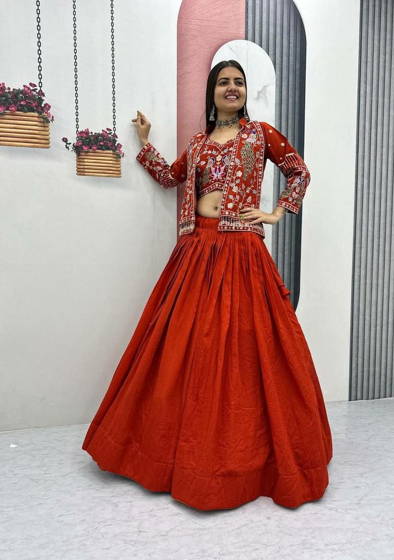 Orange Sequin Work Silk Blend Lehenga Set - Indya
