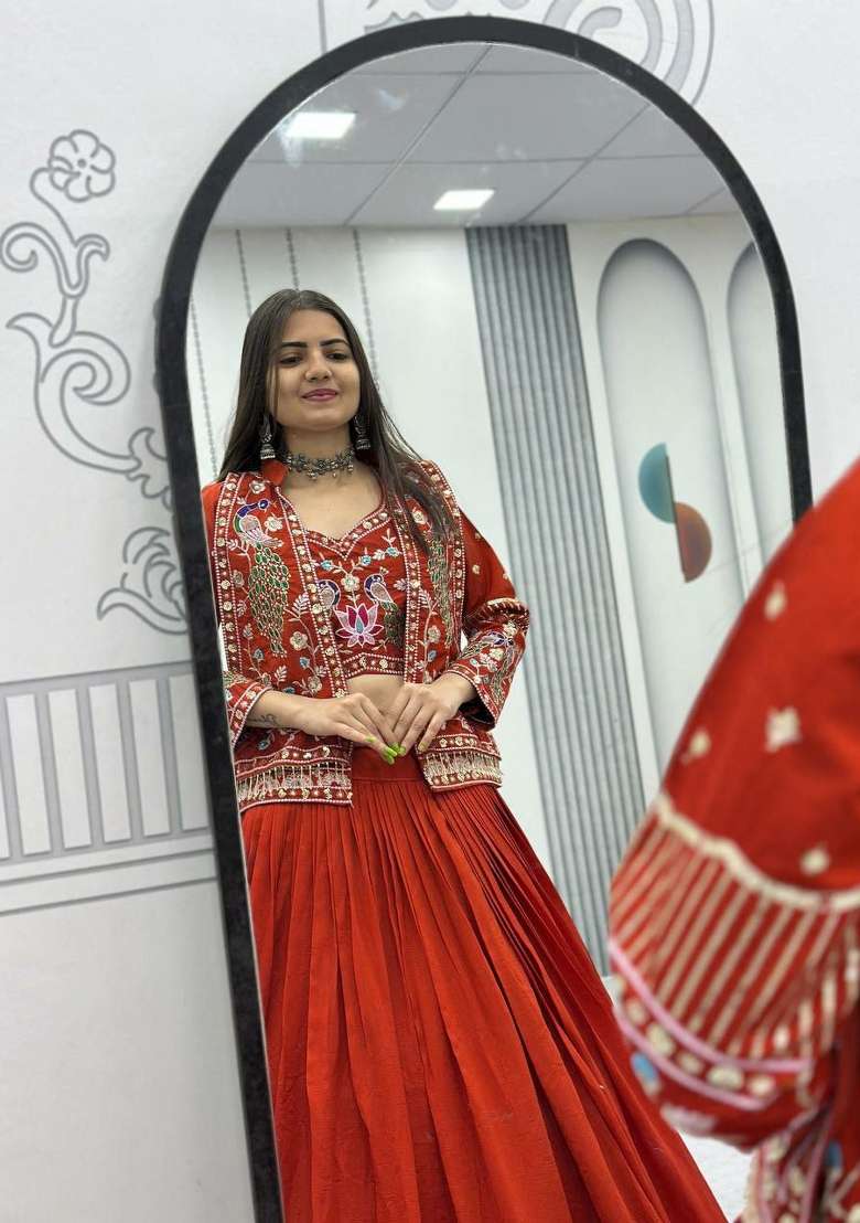 Orange Work Silk Blend Lehenga Set with Sequin for Diwali | Wedding & Festive Wear - Indya