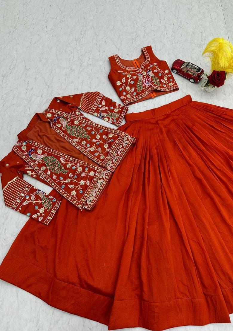Orange Sequin Work Silk Blend Lehenga Set - Indya