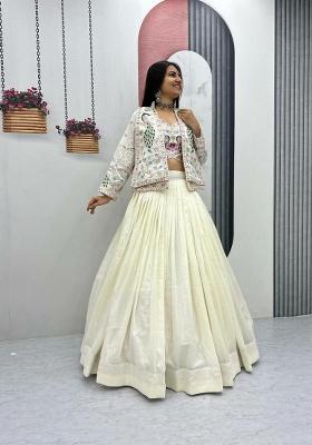 White Sequin Work Silk Blend Lehenga Set