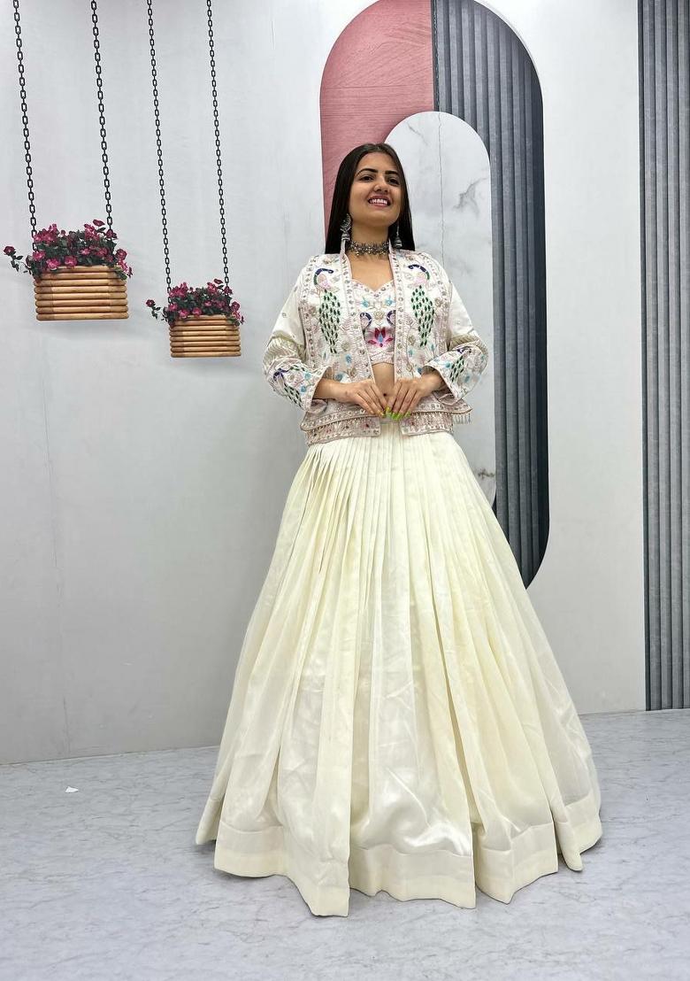 White Sequin Work Silk Blend Lehenga Set - Indya