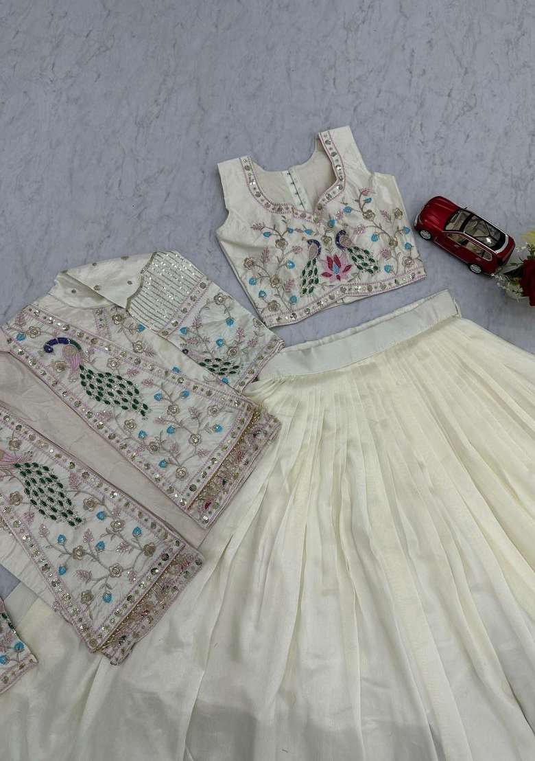 White Work Silk Blend Lehenga Set with Sequin for Diwali | Wedding & Festive Wear - Indya