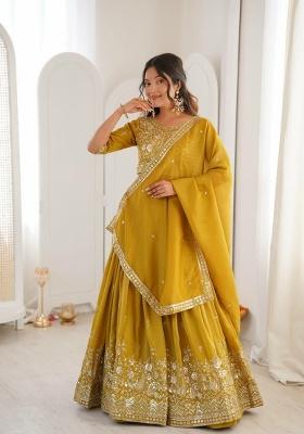 Yellow Thread Work Silk Blend Lehenga Set