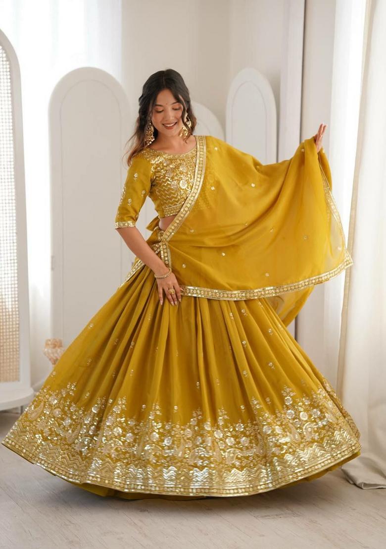 Yellow Thread Work Silk Blend Lehenga Set - Indya