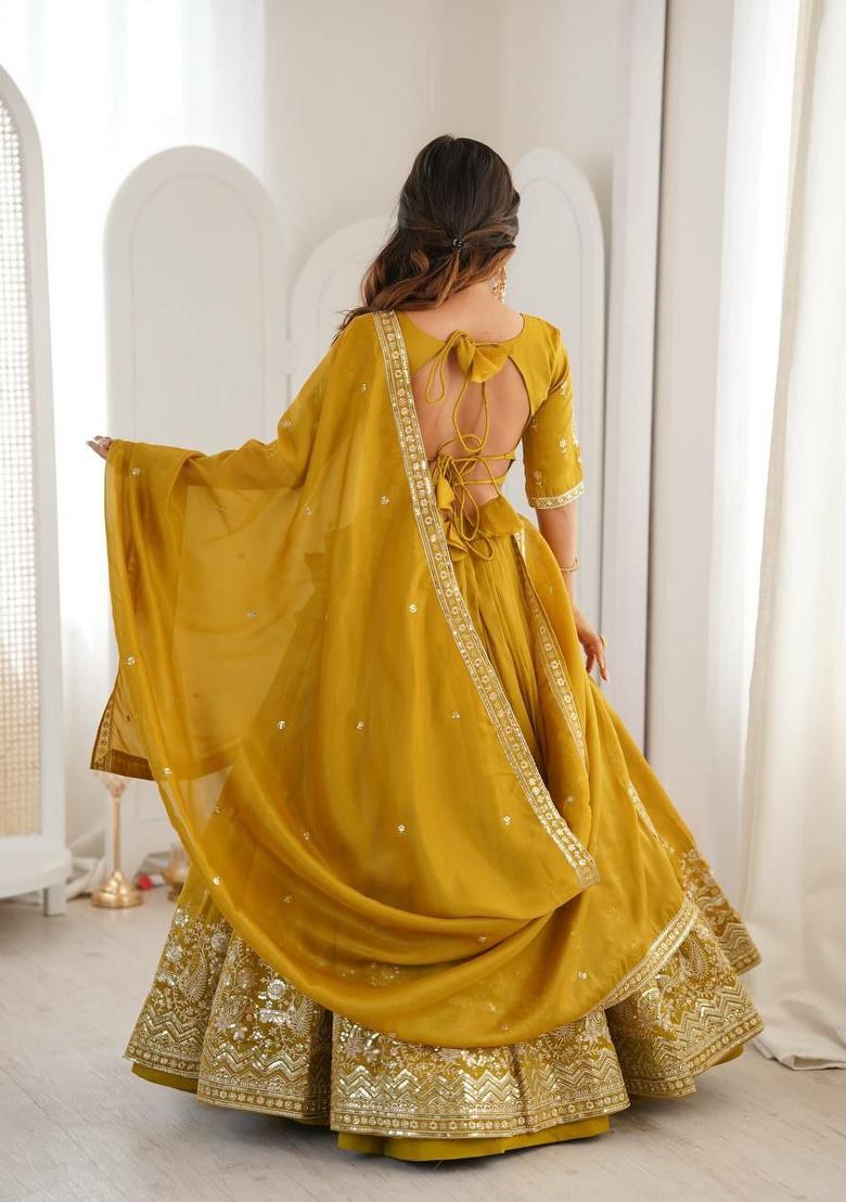 Yellow Thread Work Silk Blend Lehenga Set - Indya