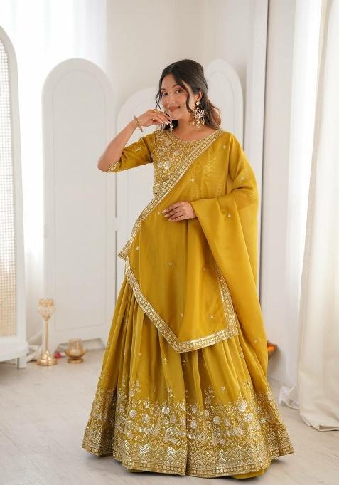 Yellow Thread Work Silk Blend Lehenga Set